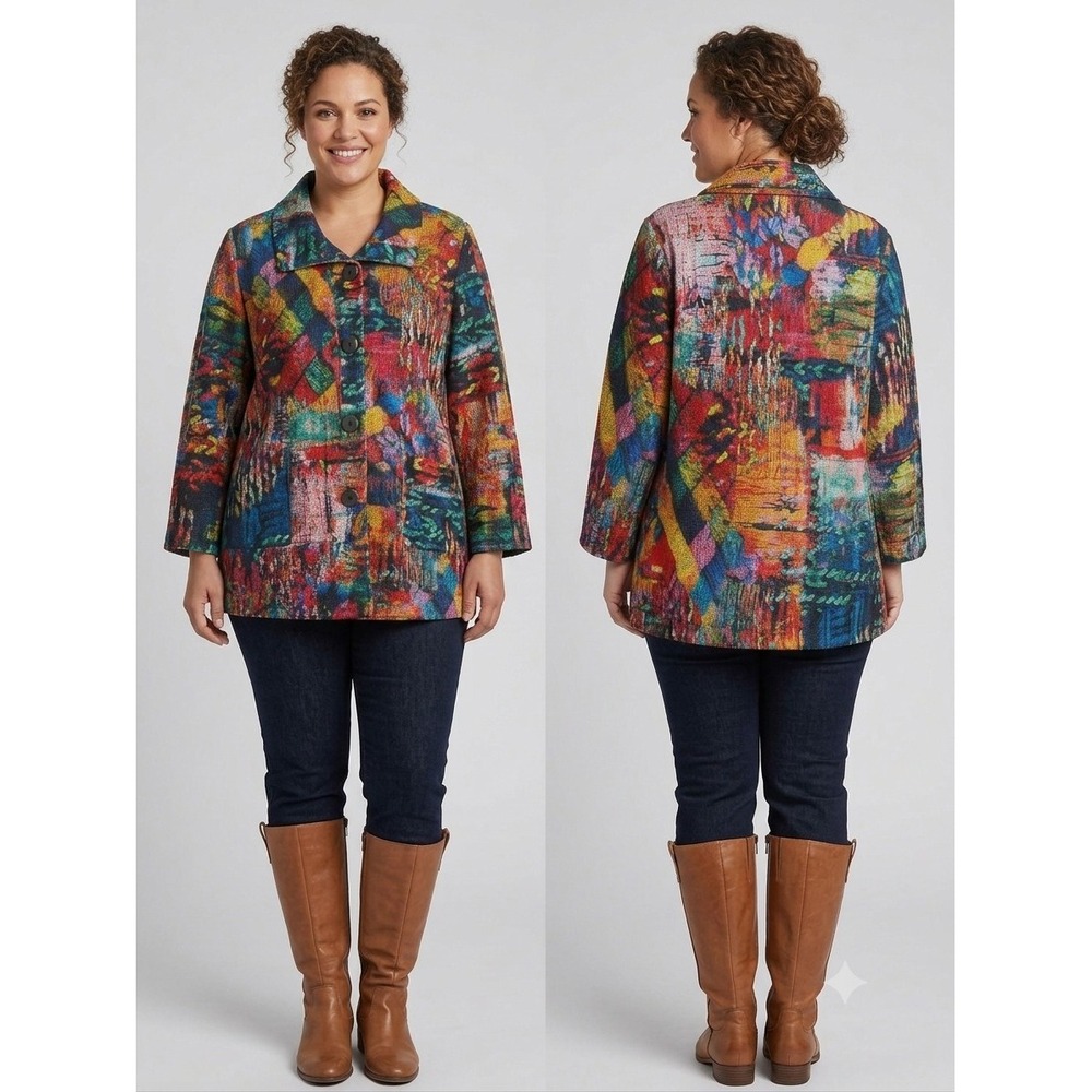 Ali Miles Women's 2X Colorful Abstract Art Brushed Knit Jacket Button Front NWT